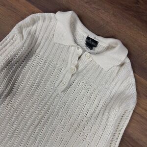 Boundary Waters Vintage Cream Chunky Knit Polo Sweater Distressed‎ Mens XL